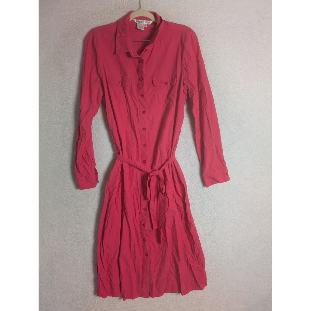 WinterSilks Shirt Dress Women's Medium Pink 100% Silk Belted Long Sleeve Midi